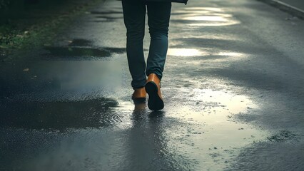 A person is walking on a road having puddles due to rainwater during the season of monsoon