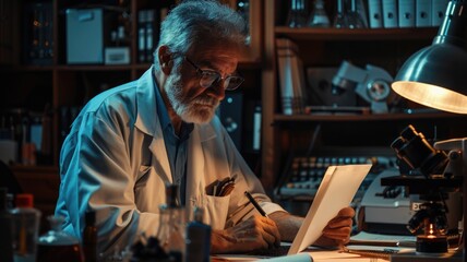Poster - At night, a scientist in a lab coat analyzes data and conducts research in a dimly lit lab environment AIG58