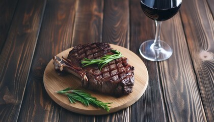 Canvas Print - grilled ribeye beef steak red wine herbs spices wooden table meat food bar b q fillet cooked beefsteak copy space cut meal rosemary sirloin wood grill background glasses dark rib chopping board drink