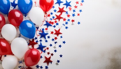 Sticker - blue white and red balloons and stars confetti on a white background with copy space celebrating 4th of july banner