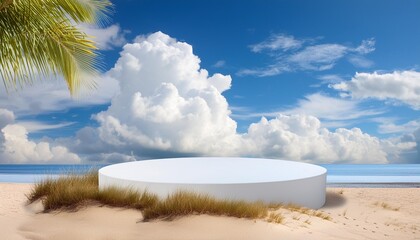 Poster - 3d podium with copy space for product display presentation on beach with blue sky and white clouds abstract background tropical summer and vacation concept