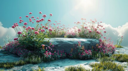 Poster - A rock with flowers on top and a blue sky with clouds