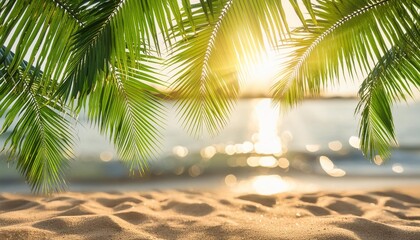 Sticker - nature blur green palm leaves on tropical beach with sun bokeh lights