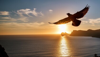 Canvas Print - bird flying sunset flight inspirational soaring ocean beautiful sunrise divine silhouette header banner