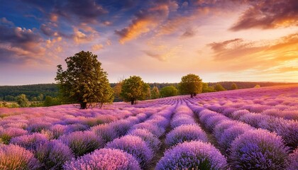 Sticker - wonderful nature landscape amazing sunset scenery with blooming lavender flowers moody sky pastel colors on bright landscape view floral panoramic meadow nature in lines with trees and horizon