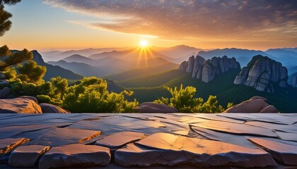 Wall Mural - outdoor rock table top with mountain landscape at sunrise showcasing organic beauty generative ai