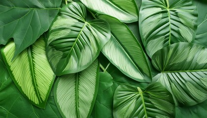 Sticker - closeup tropical green leaf background flat lay fresh wallpaper banner concept