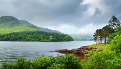 Sticker - a view of the shores forests and hills near the loch fyne on a cloudy day inveraray inner hebrides argyll and bute scotland uk