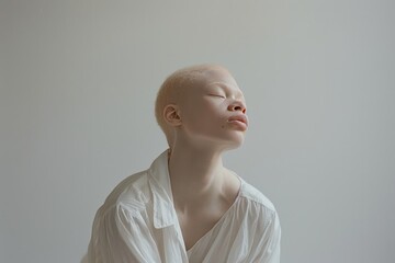 Wall Mural - A woman with a shaved head and white hair is sitting in a white shirt