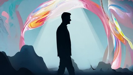 Poster - Silhouette of a Man Walking in Front of a Colorful Orb Generative AI