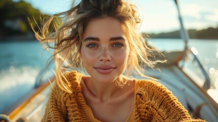 A woman with a gentle smile sits on a boat in sunlit waters, highlighting calm and serenity as she enjoys the outdoor beauty and warm sunlight against a scenic backdrop.