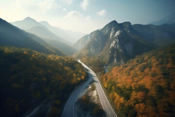 Beautiful  place with green scenery, mountain, tree, sky, road, cloud.AI generated image.
