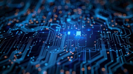 Poster - A glowing blue circuit board representing futuristic digital technology and advanced cyber networks.