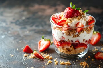 Canvas Print - Delicious strawberry trifle with shortbread yogurt and strawberries Focus on details Space for text