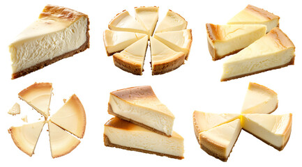 Sticker - Set of classic traditional cheesecake cake pastry dessert, on transparent cutout, PNG file. Many assorted different angles, stack, broken, slice, pile. Mockup template for artwork