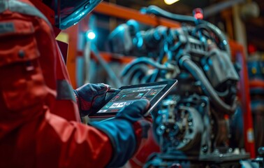Poster - Industrial engineer using digital tablet for machine monitoring in a manufacturing plant