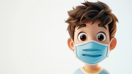 a 3d cartoon kid with a face with medical mask emoji, cautious, isolated on white background