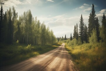 Beautiful  place with green scenery, mountain, tree, sky, road, cloud.AI generated image.
