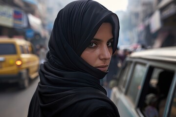 Sticker - A woman wearing a black scarf stands in front of a yellow car