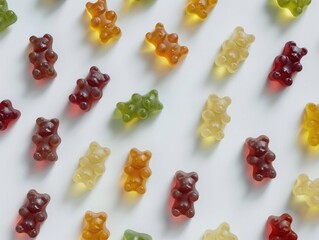 A group of colorful gummy bears arranged on a clean white surface