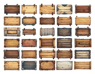 Wall Mural - wooden signs cartoon vector set. woody blank rectangle medieval panels frame game ui assets banners 