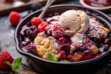 Sticker - Enamel dish with berry cobbler and ice cream closeup shot