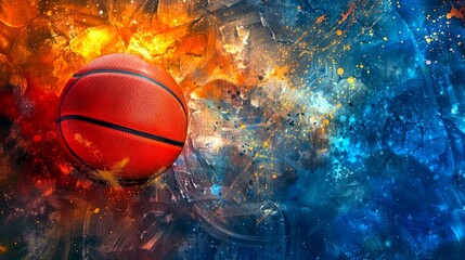 Poster - Vibrant exploding basketball on an abstract background with bright colors. AI-generated digital artwork featuring a detailed basketball. Perfect for sports-themed designs and dynamic web graphics. AI