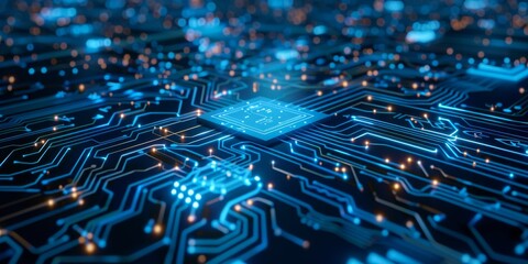 Poster - A glowing blue circuit board representing futuristic digital technology and advanced cyber networks.