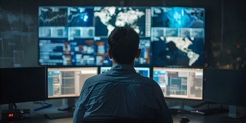 Wall Mural - Cybersecurity Analyst Monitoring Network Traffic in a High-Tech Security Operations Center. Concept Cybersecurity, Network Traffic, Security Operations Center, Analyst, Monitoring