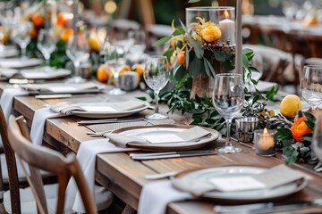 Romantic dinner place setting with plates and cutlery on table. 