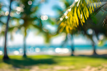 Wall Mural - blur nature bokeh green park by beach and tropical coconut trees