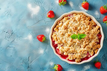 Poster - Gluten free summer dessert with rhubarb or strawberry crumble in baking dish on blue background