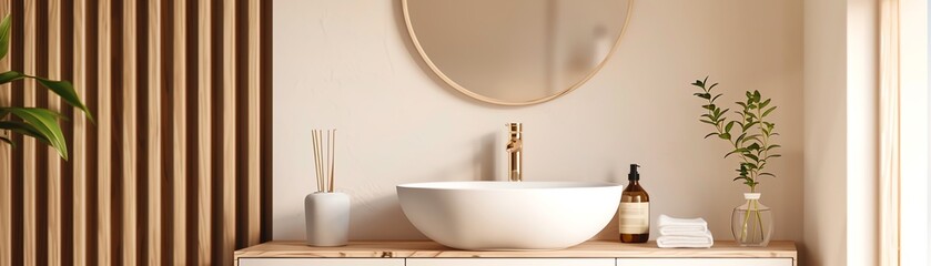 modern bathroom vanity with round mirror, white sink, wooden counter, and decorative plants, creatin