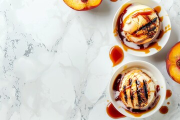 Poster - Grilled peaches with ice cream caramel sauce on marble table with copy space