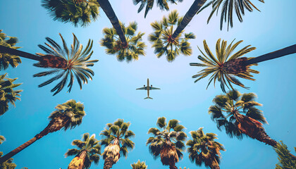 Upward-facing view from ground captures circle of tall palm trees framing clear blue sky with aircraft plane flying overhead. Perspective from below gives dramatic, expansive feel and vacation mood.