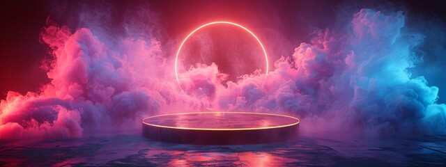 Futuristic round podium with vibrant neon lights and dramatic smoke