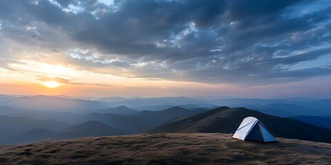 Wall Mural - Dramatic Sunset Views at a Remote Mountaintop Campsite with Rooftop Tent. Concept Remote Camping, Sunset Views, Mountain Photography, Rooftop Tent, Dramatic Landscape