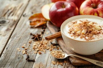 Sticker - Homemade apple pie yogurt with crumble topping autumn apples and spices on wooden background breakfast ready