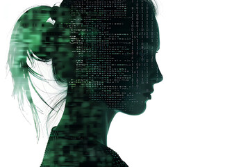 Isolated silhouette of a woman's portrait made from binary code on a white background in a wireframe plexus style, showcasing a blend of technology and art.