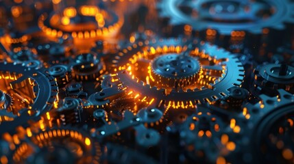 Poster - Intricate Gear Mechanism Illuminated with Orange Light