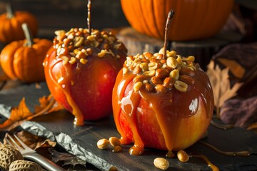 Wall Mural - Homemade Halloween Candy Apples with Caramel and Peanuts