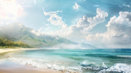 Poster - Tranquil Beach Landscape with Mountains and Blue Sky