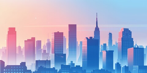 Wall Mural - A city skyline with a pink and blue sky. The city is in the background and the buildings are tall