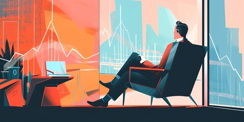 Poster - A man is sitting in a chair in front of a window with a laptop on a table in front of him. The man is looking out the window, possibly watching the stock market