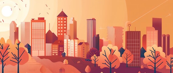 Wall Mural - A cityscape with orange buildings and trees in the foreground. The sky is orange and the sun is setting