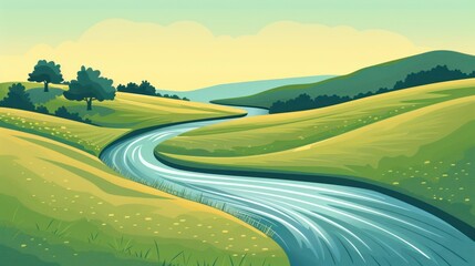 Sticker - Serene River Winding Through Lush Green Hills