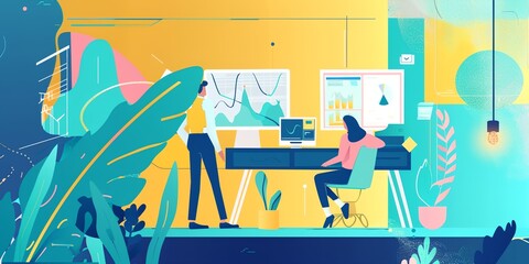 Poster - A man and a woman are standing in front of a desk with a computer monitor. The woman is sitting in a chair. The room is decorated with plants and has a modern, professional look