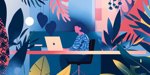 Poster - A woman is sitting at a desk with a laptop in front of her. The room is decorated with plants and flowers, giving it a natural and calming atmosphere. The woman is focused on her work