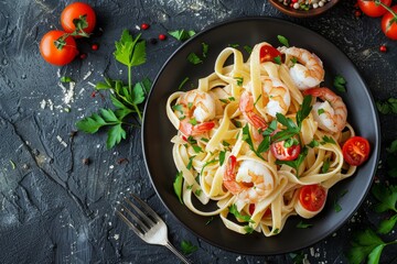 Canvas Print - Ingredients Fettuccine with shrimp tomatoes herbs top view