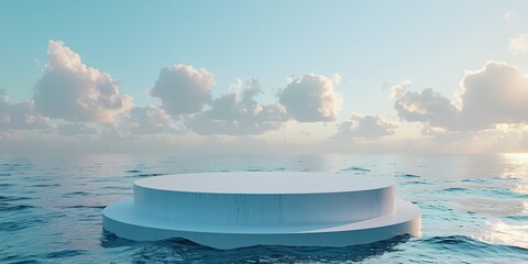 Wall Mural - a large white platform is floating on the water. the sky is cloudy and the sun is setting